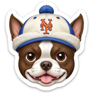 Brown Boston terrier wearing a New York Mets hat sticker