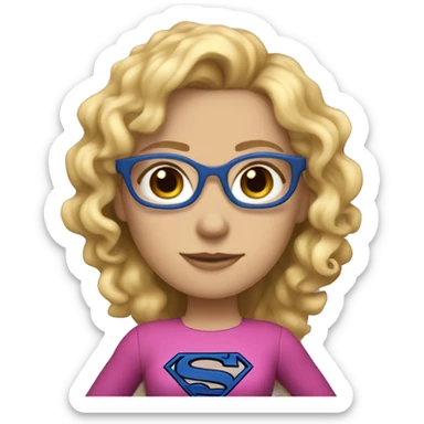 Caucasian Supergirl upper body curly long blonde hair and glasses with an "S" in the chest sticker