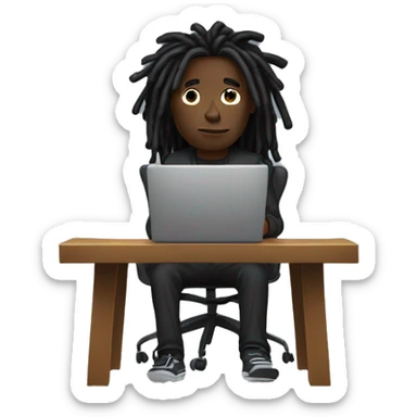 Black-guy-with-dreads-wearing-black-trackstuit-sitting-down-on-chair facing-foward-focused-on-laptop-computer- sticker