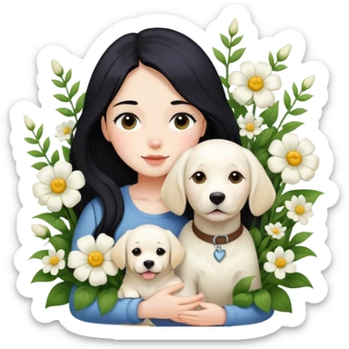 A girl with long black hair is holding a white Labrador in the flowers sticker