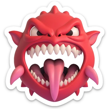 terrifying beast with a gaping mouth, big sharp teeth, and a monstrous tongue, horror cartoon style sticker