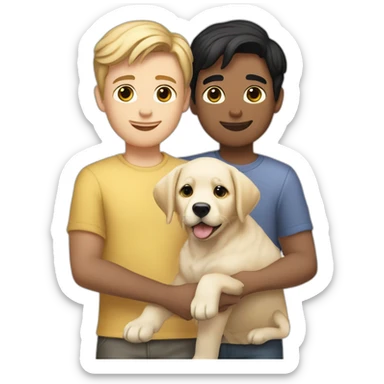 gay-couple,-1-guy-straight-blackhair australian-and-1-australian-white-guy-with-blackhair-slightly-curly-holding one light yellow labrador retriever puppy one labrador retriever puppy sticker