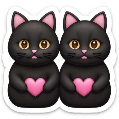 two fat cute black cats love, closed mouth, black ears, pink heart sticker