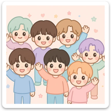 BTS emoji, all members together, waving, pastel tones, kawaii style sticker