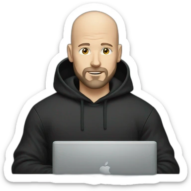bald white man with a black beard typing on apple computer wearing a black hoodie sticker