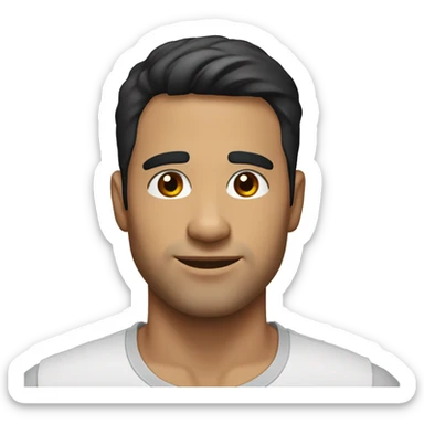 A head and shoulders shot of a 32 year old hispanic man, with short black hair,   with brown eyes wearing a t-shirt. sticker