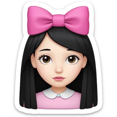 A girl with long, straight black hair, white skin, and a pink bow on the left side of her head sticker