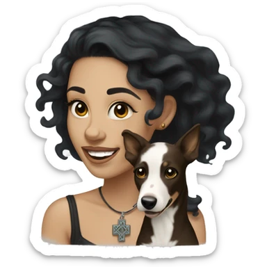light skin woman with a face tattoo of a small cross near her eye and long wavy black hair expressing joy alongide a white and brown miniature kelpie sticker