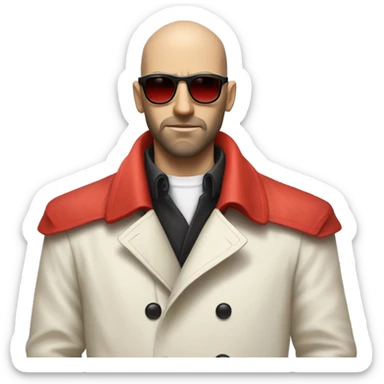 <excerpt>
A white man with real buzz cut Black hair, beard stubble donning small red tinted sun glasses in a dirty white trench coat, is serious.
</excerpt> sticker