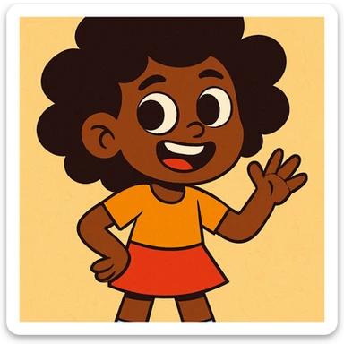 una niña morena de piel con ojos marrones y pelo afro, estilo cartoon vibrante sticker