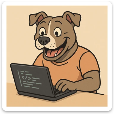 pit-bull dog with human-like features, coding on a laptop, cheerful expression sticker
