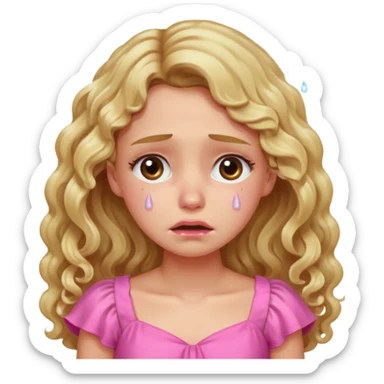 the girl is that crying with tears she has brown eyes and blond long hair curly pink dress  sticker