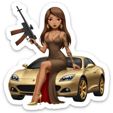 Lilith tan skinfemale red eyes symbol. Tattoo arms. Her hair is brown straight long hair.wearing sexy long sexy dress with slit. black stiletto thick platform high heels shoes on. Sitting on gold giant luxury car with cash inside . She is holding a sniper rifle in one hand cash in other hand sticker