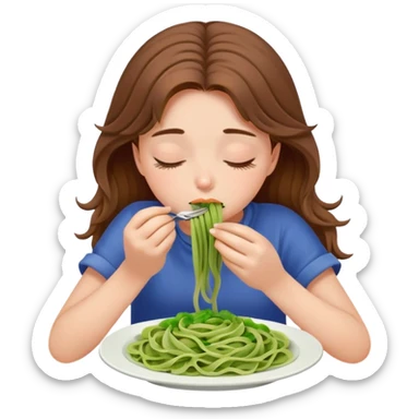 Brown haired girl eating green pasta ￼asleep sticker
