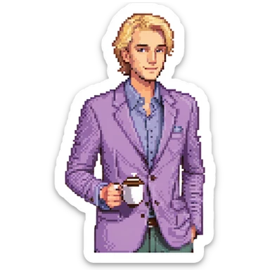 Confident male entrepreneur, Caucasian features, blonde hair, defined eyebrows, slight smile, wearing violet blazer over light violet shirt, holding a coffee cup in right hand, waist-up, front-facing sticker