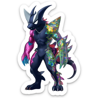 Colorful patterned esoteric shiny glowing scaly scary cool badass edgy Zorua-Absol-Zangoose-Salandit-fusion (full body) sticker