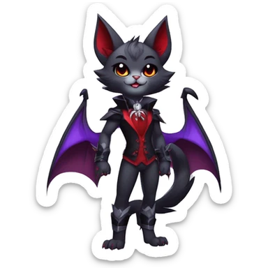 Anthro-Cute-Edgy-Cool-Vampiric-Batty-Cat-Black-Purple-Red-Grey-White-Contrast-Colors-Fantasy-Fur-Sona-Chibi-Shiny-Fakémon-Hybrid with horns and fangs and collar full body sticker