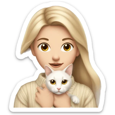 a beautiful girl with long dark blond hair, light eyes, in a beige sweater and with a beige bow holds a white cat in her hands sticker