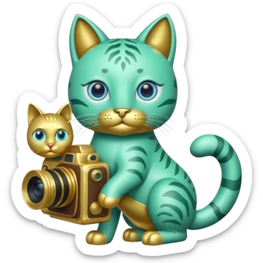 A green cat with blue eyes holds a camera and a gold horse statue  sticker