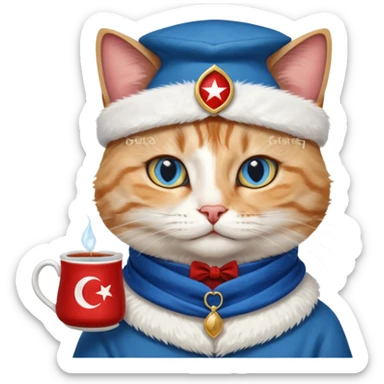 Arkasında Türk bayrağı olan  ve çay içen kafasına fes takan bir van kedisi sticker