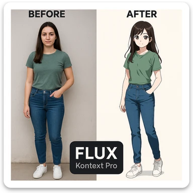 create before after image of a girl before is realsitic photo, after is anime version of her in same pose and clothes, add logo with text of a "FLUX Kontext Pro" sticker