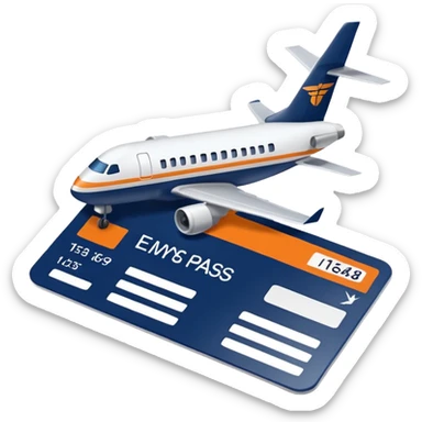 16x16px emoji for 'FlyFlat miles' showing a stylized boarding pass with FlyFlat navy blue, orange, and white colors, representing trip-related points for Assembly trophies sticker