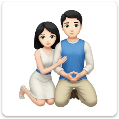 Man as king, black Hair, blue eyes, woman, blonde, green eyes, shott white sleveless Dress, kneeling, background palace sticker