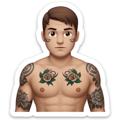 tattoo man, fair white skintone,brown hair, tattoos on face, more visible, bulky man with tattos on his chest, heavy tattooos. sticker