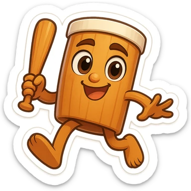 square image of absurd wooden stick-man creature, drum-like cylindrical body, holding baseball bat, cartoon style, bright vivid colors, dynamic pose,  sticker