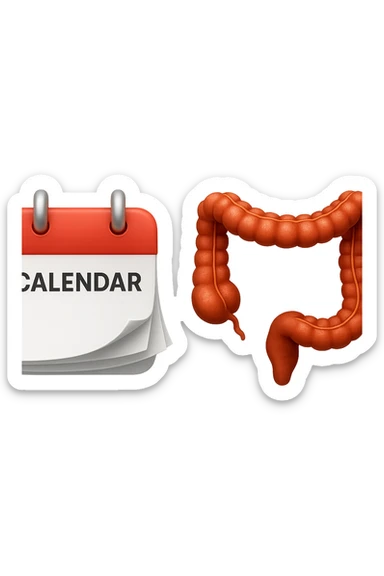 emoji stile iphone di un calendario con fogli che volano insieme a pezzi anatomici di colon umano, iperrealistico 4k, isolato su sfondo bianco sticker