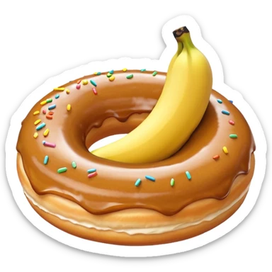 A banana in a donut banana standing in a donut's circle sticker