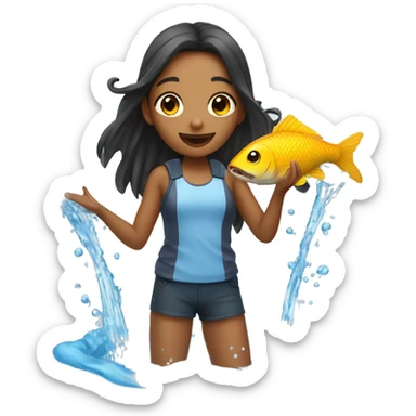 a girl is holding a fish, water splashing out sticker
