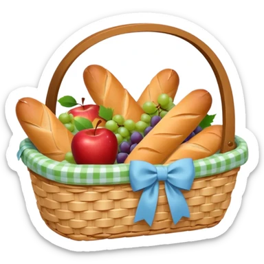 A white Picnic basket with pastel blue bow，contained baguettes and fruit, sticker