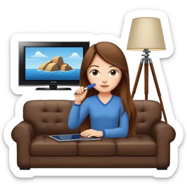 beautiful girl with long brown hair constructing new lounge room area with flat screen tv and couch sticker