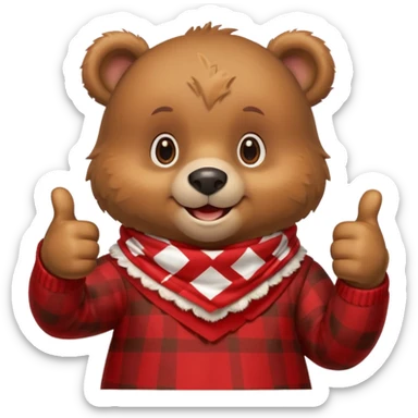 a cute bear smiling and giving thumbs up, wearing red Checkered Triangle scarf sticker
