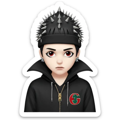 vampire emoji with spiky emo hair wearing a gucci hat sideways and a nike tech hoodie sticker