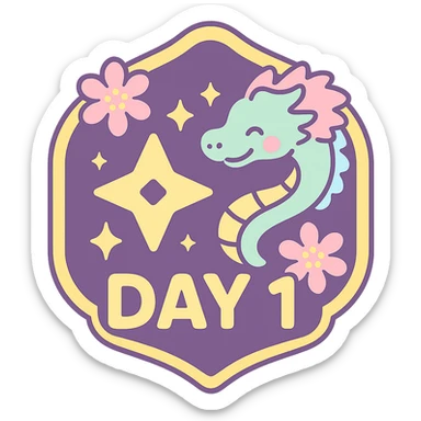 Add the text 'DAY 1' in bold, easy-to-read anime-style font to the badge. Keep the rich purple background with gold accents, the elegant and detailed Japanese dragon, Japanese crest shape, sakura flowers, ninja star, and sparkly effects. Make sure the text stands out clearly. Transparent background, sized for Twitch or Discord use. sticker