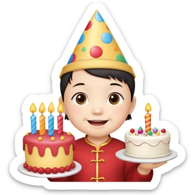 with chines cute baby wearing birthday hat with birthday cake sticker