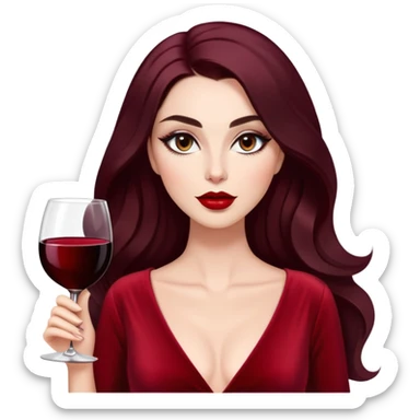 Glamorous woman with radiant fair skin, elongated face, large dark almond eyes with dramatic eyeliner, thick defined eyebrows, full red lips, long dark straight hair with soft waves at ends, wearing wine red velvet V-neck dress, confident expression sticker