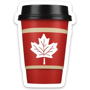 “Red Tim Hortons coffee cup with white logo, maple leaf accents, ribbed sleeve, and black plastic lid.” sticker