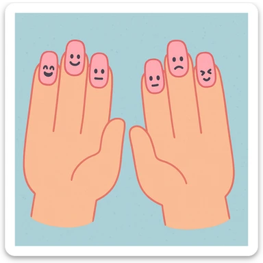 pink cute press on nails on cute hands, pastel toon style, gentle shading, playful look sticker