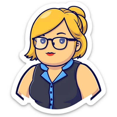 Plus size blonde person with glasses wearing a stylish vest sticker