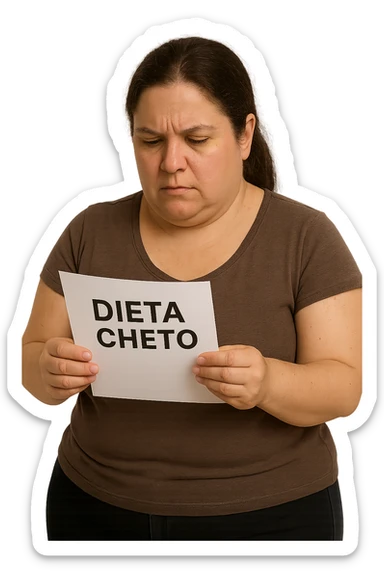 donna realistica leggermente in sovrappeso che legge un foglio con la scritta "dieta Cheto", sfondo bianco, iperrealistica 4k, IPERREALISTICA 4K sticker