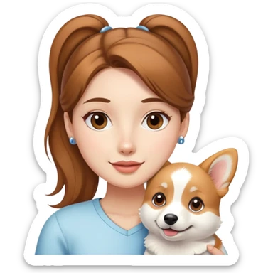The beautiful girl with brown ponytail hair  holding a white corgi sticker