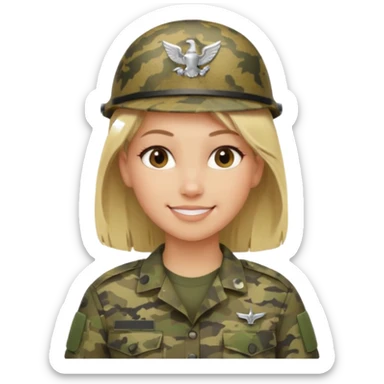 Apple-style emoji: female soldier, bust, no cap/helmet, friendly smile, generic camo top, blonde hair sticker