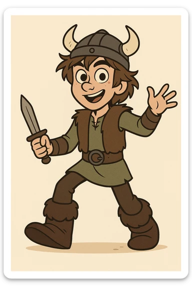 The main character from How to Train Your Dragon, a young Viking boy with brown hair, wearing Viking attire, friendly and brave, in a dynamic pose, animated style sticker