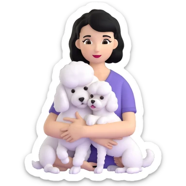 woman with short black hair hugging a brown poodle and a white bichon frise sticker