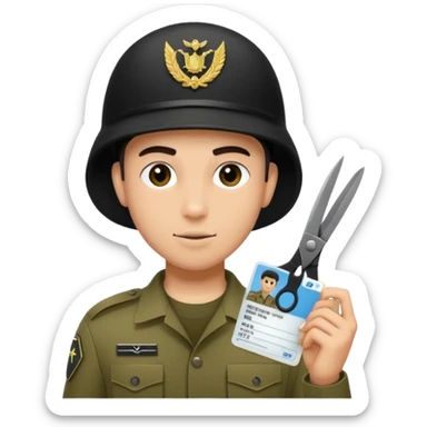Floating black Scissors cutting in half an idf soldier ID card with a little chip in 2 parts .hyper realistic sticker