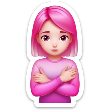 Shy girl character with arms crossed, transparent glass style, bright pink gradient, soft shadows and highlights, minimalist cute design sticker