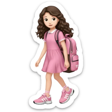 aestethic brunette very,very,very long wavy hair walking with a school backpack, with a cute pink dress, adidas shoes sticker